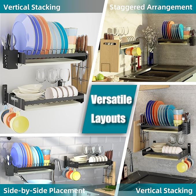Hanging Wall Mounted Dish Drying Rack Set with Detachable & Removable Layer*2, Hook*4, Drain Tray*2, Apartment & RV Wall Mounted Dish Rack, Adhesive Mountable, Length: 15.9", Washable (Black)