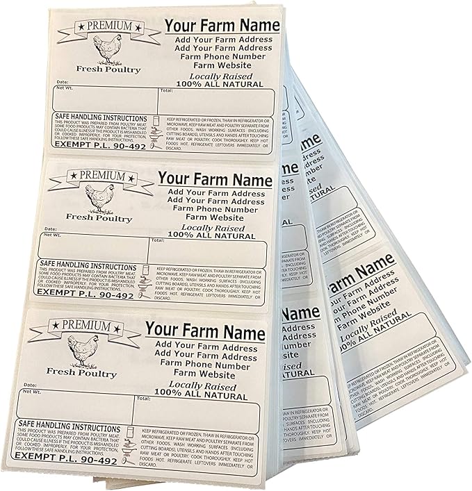 Custom Poultry Freezer Labels 4" x 2.5" with Safe Handling Instructions and Exemption – P.L. 90-492 (50)