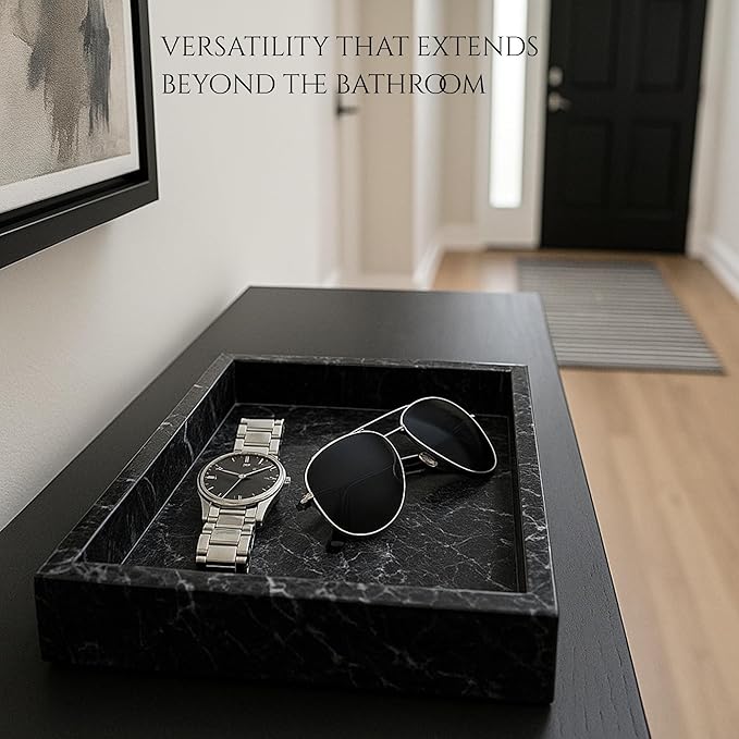 Bey-Berk Ezra Black Zebra Marble Guest Towel Tray – Rectangular Bathroom Vanity Organizer for Countertop Storage