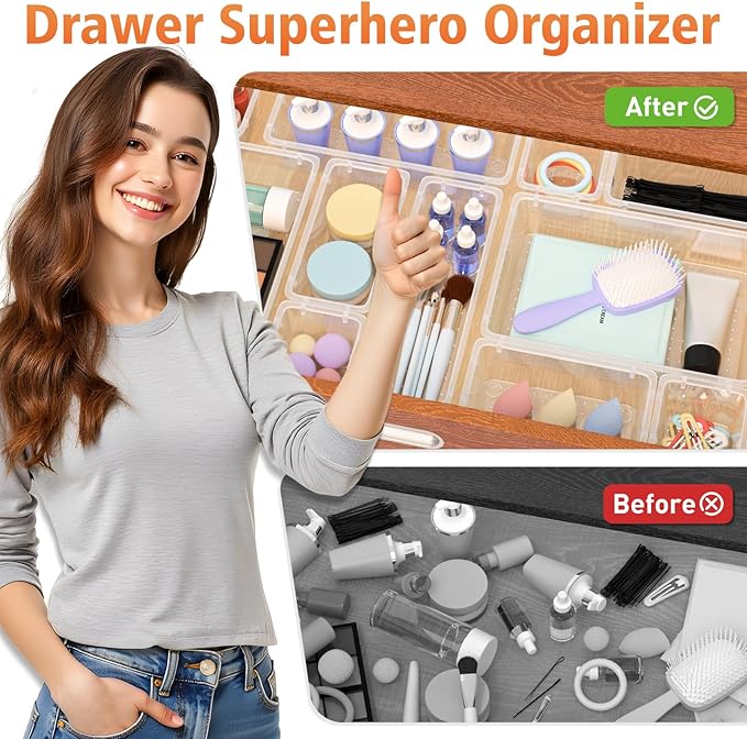 45 PCS Clear Plastic Drawer Organizers Set, 4-Size Versatile Bathroom and Vanity Drawer Organizer Trays, Storage Bins for Makeup, Bedroom, Kitchen Gadgets Utensils and Office