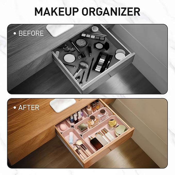 ISSEVE 8Pcs Nesting Silicone Drawer Organizer Trays, 4 Size Versatile Vanity Bathroom & Desk Drawer Organizer Set Storage Bins for Office,Kitchen,Nightstand,Pink