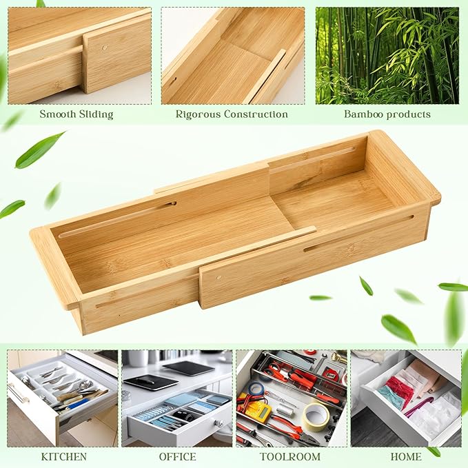 LemonRoad 1 Pcs Sliding Drawer Organizer Bin Bamboo Drawer Expandable Bins Utensil Organizer in Kitchen for Spoons Forks Knives