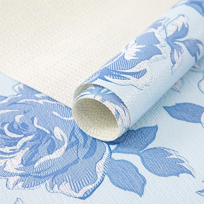 FIFTY FEET 18X96 Inch Shelf Liner for Kitchen Cabinets, PVC Drawer Liner for Dresser Non-Slip Bathroom, Non-Adhesive Cabinet Liner Washable (Blue Flower)(7 Roll)