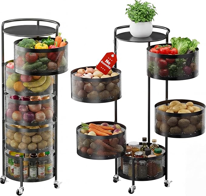 Rotating Fruit Basket, 5-Tier Metal Sturdy Kitchen Storage Rack Shelf Carts No Assembly on Rolling Wheels for Fruit Vegetable Grocery Corns Potato Onion (5-Tier, Black)