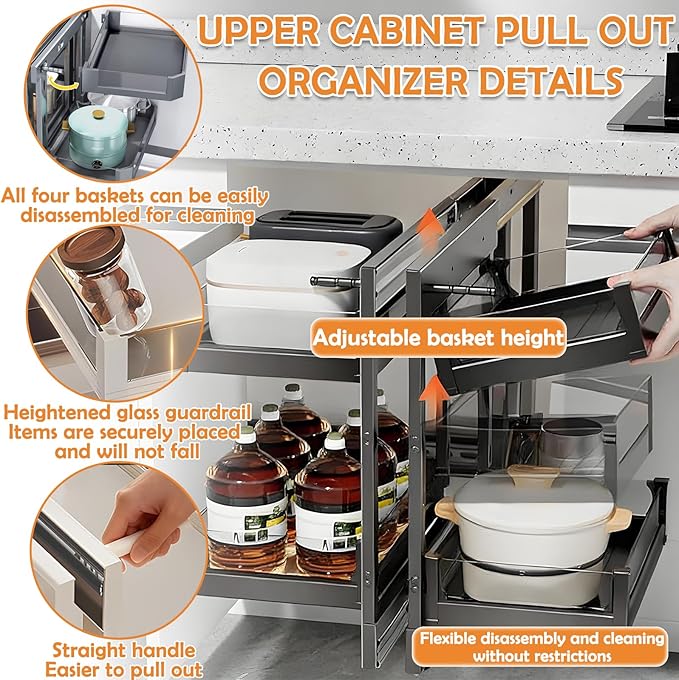 Blind Corner Cabinet Pull Out Organizer, 2-Tier Pull-Out Organizer with 9 Baskets, Corner Pull Out Cabinet with Sliding Design, Left Open & Right Open Compatible