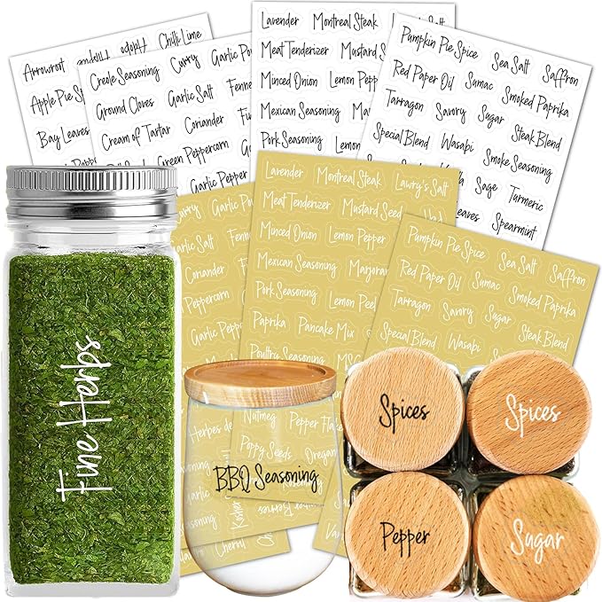 278 Pcs Clear Spice Labels Stickers Preprinted Waterproof,Small-Stickable -Removable,139 Black+139 White Handwriting Letters, Work on Salt Pepper Seasoning Jars
