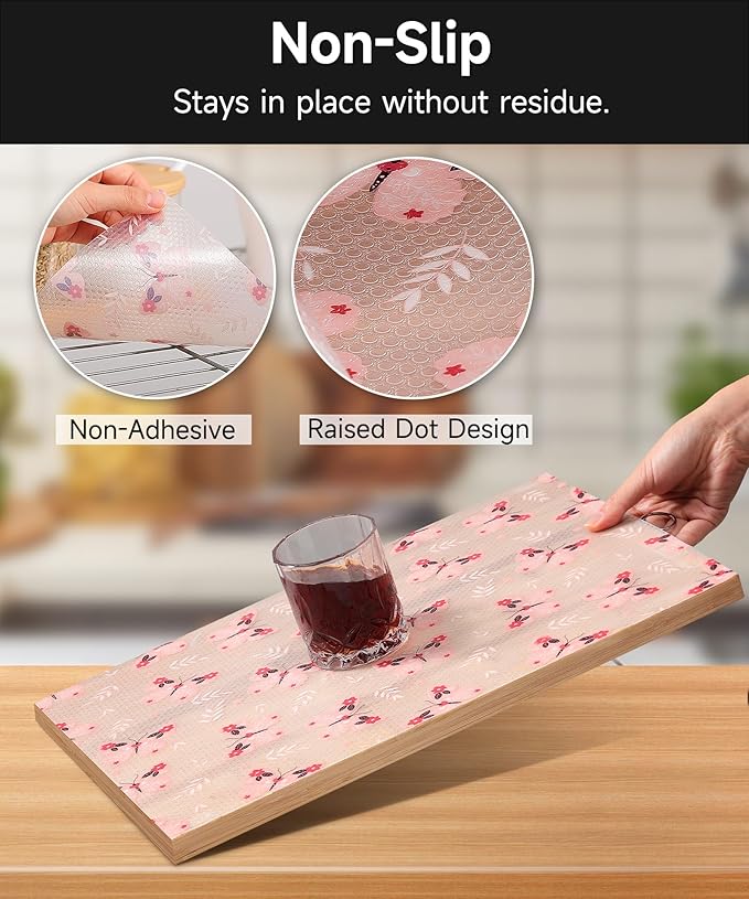 Drawer Liner Shelf Liners for Kitchen Cabinets Non Adhesive - Oil-Resistant Waterproof Sturdy and Resilient Kitchen Cabinet Liners for Shelves, Tool Box, Refrigerator(Pink Butterfly, 11.8"W x 360"L)