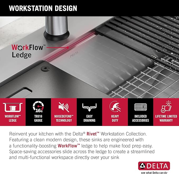 DELTA FAUCET Rivet 30-Inch Workstation Kitchen Sink Drop-In Top Mount 16 Gauge Stainless Steel Single Bowl with WorkFlow Ledge and Chef’s Kit of 5 Accessories, 95A931-30S-SS