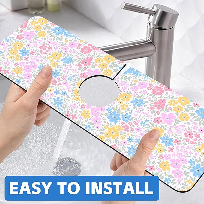 Retro Floral Cute Wildflowers Dish Drying Mat for Kitchen Sink Splash Guard Behind Faucet Sink Mat Absorbent Fast Drying Faucet Draining Mat for Bathroom Kitchen 5.5"×24"