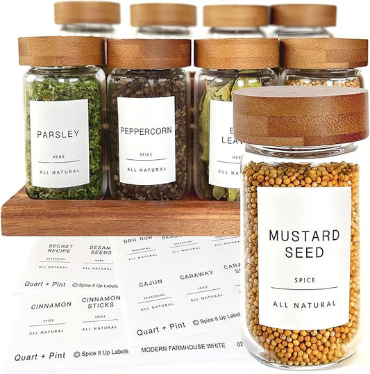 Quart + Pint 140 Glossy Spice Jar Labels: Minimalist White Sticker Black Text. Waterproof Stickers. Organization for Jars Bottles Containers Bins. Storage Rack Systems for Kitchen & Pantry Labels.