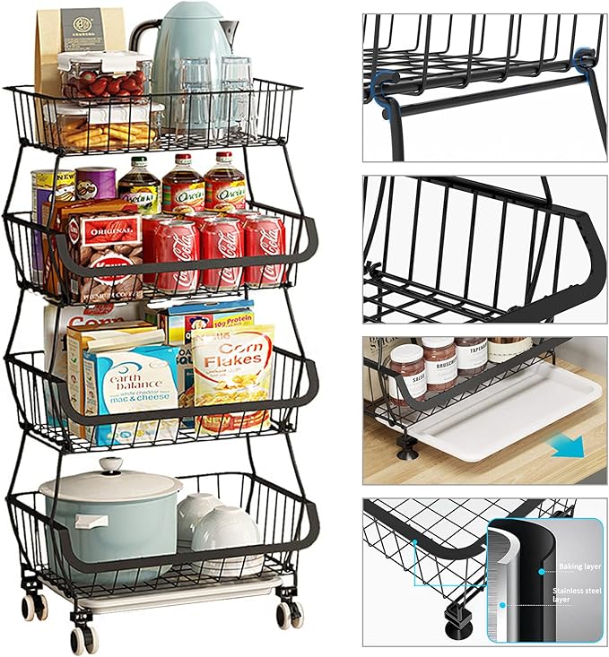 Metal Wire Baskets with Wheels, Stackable Storage Bins Kitchen Organizer Shelf 3-4-5-6 Tier Fruit Vegetable Cart Dishes Seasonal Rack Shelves for Garage, Pantry, Bathroom and Produce holder