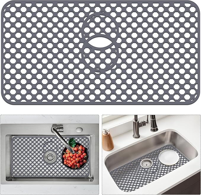 Flytime Silicone Sink Protectors for Kitchen Sink with Center&Rear Drain, 26"x 14" Kitchen Grid Accessory, Non-Slip Folding Heat-Resistant Mat for Bottom of Farmhouse Porcelain Stainless Steel