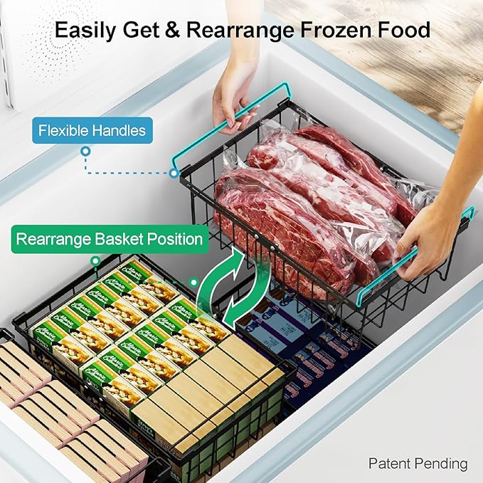 iSPECLE Chest Freezer Organizer - Fit 10 to 20 Cu.FT Freezer, 3 Pack Large Expandable Stackable Deep Freezer Organizer Bins Sort Frozen Food and Easily Get with Handle, Improve Air Circulation, Black