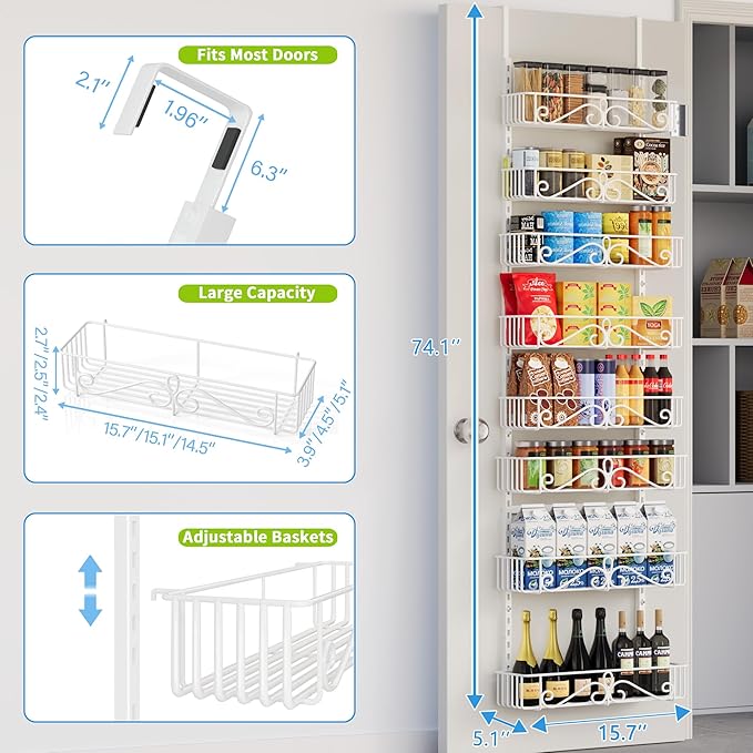 Over the Door Pantry Organizer - 8-Tier Adjustable Pantry Organization And Storage, Metal Hanging Door Spice Rack for Kitchen Pantry Organizers，White
