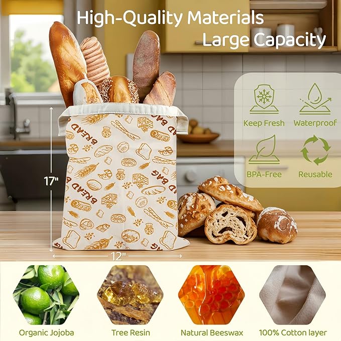 1 Pack XL Beeswax Bread Bags with Zipper Seal – Reusable Cotton Linen Waxed Bread Bags for Homemade Bread, Sourdough Storage, Eco-Friendly Bees Wax Bag Alternative to Plastic (1Pack)