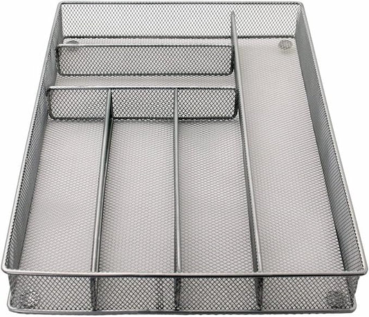 Kitchen Utensil Silverware Tray - Drawer Organizer for Flateware - Drawer Mesh Organizer (Silver)