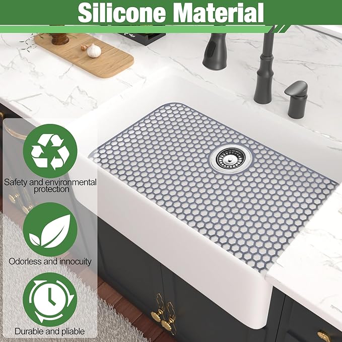 Inchoco Sink Protectors Mat - 28.3"x15.55" Kitchen Sink Pad for Bottom of Basin for Protection of Stainless Steel and Tableware, Farmhouse Rubber Basin Mat Protector with Rear Drain - Light Gray