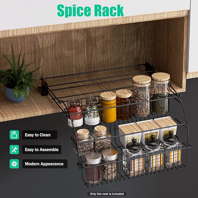3-Tier Pull Down Spice Rack Organizer, Black Kitchen Shelf for Inside Cabinet, Countertop Storage Rack Space-Saving Organizer for Home Cooks
