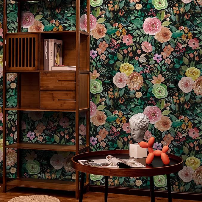 JiffDiff Blooming Floral Wallpaper Peel and Stick Pink Impressionist Floral Wall Mural Peony Roses Wallpaper Nursery Wall Decor (Black-Camellia, 17.7" X 393.7")
