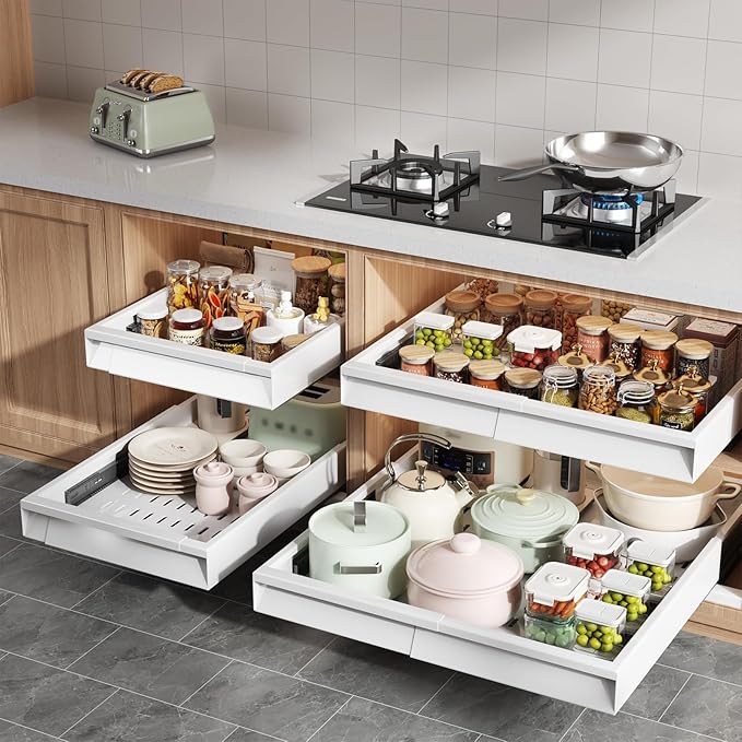 4 Pack Pull Out Cabinet Organizer Expandable Width (12"-20.8") & Depth (16.2"-23.6"), 3 Slide Rails Slide Out Drawers with Handle, Includes Raising Pad for Framed Cabinets, White