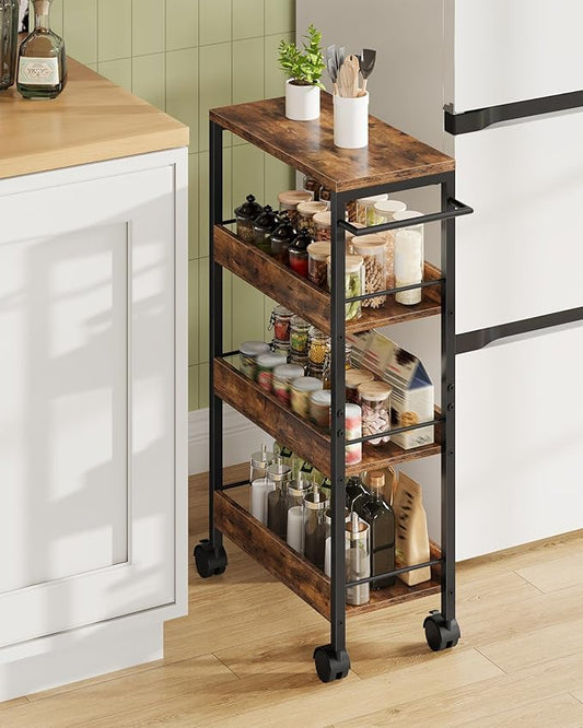 4-Tier Slim Storage Cart, 9.1'' Kitchen Serving Trolley, Slim Rolling Cart with Handle and Guard Rails, Slim Cabinet for Small Spaces, for Dining Room, Rustic Brown and Black TTC03BF