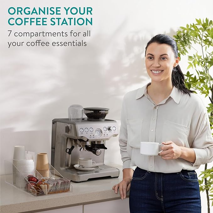 Navaris Coffee Accessories Organizer - 7-Compartment Coffee Station Box in Transparent Acrylic - Storage Caddy for Tea Bags, Coffee & Sugar Sachets - Ideal for Home & Office Use