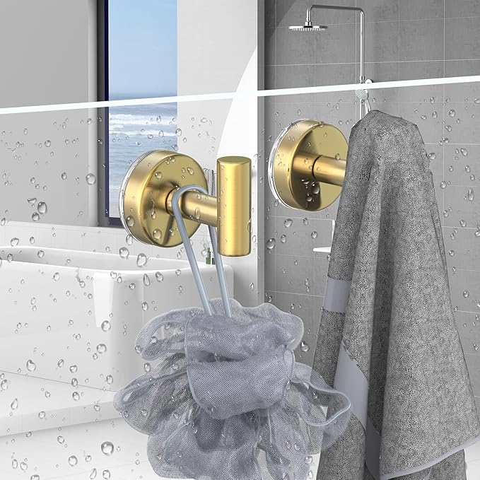 VINHOLD Suction Cup Hooks for Shower, Stainless Steel Shower Hooks for Hanging Towels, Robes, Bath Balls, Towel Hooks for Bathroom Wall, Glass Door, Kitchen, Mirror, Tile (2 Pack，Gold)