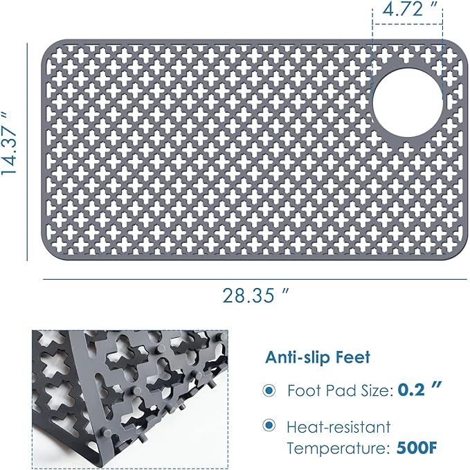 Flytime Silicone Kitchen Sink Protector Mat with Right & Left Drain, 28.35"x 14.37" Kitchen Snk Grid Accessory, Non-Slip Folding Heat-Resistant Mat for Bottom of Farmhouse Stainless Steel