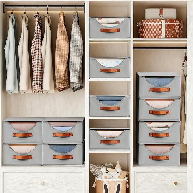 DIMJ Closet Organizers and Storage - 4 Pack Fabric Storage Bins with Drawers, Collapsible Clothes Organizers Stackable Drawers for Closet, Bedroom, Living Room, Shelf, Wardrobe