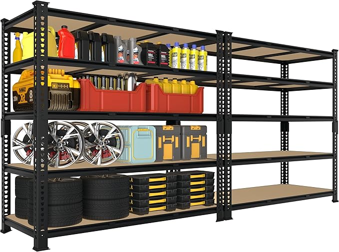 Heavy Duty Metal Storage Shelves - 48" W x 24" D x 72" H 5 Tier Adjustable Garage Shelving Unit, Industrial Utility Rack Shelf for Warehouse, Pantry, Kitchen, Black, 2 PCS