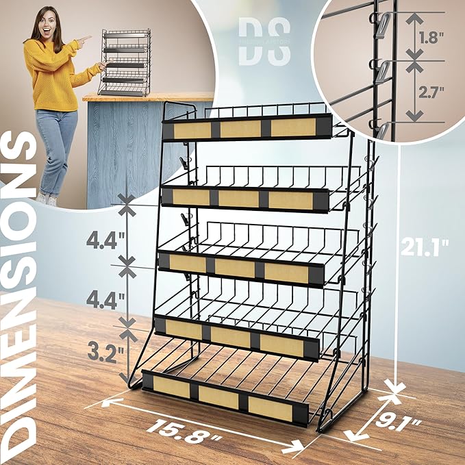 5 Tier Candy Display Rack, Large Snack Organizer For Countertop, Home Theatre Portable Concession Stand Snack Display, Black Metal Shelf With 12 Clips