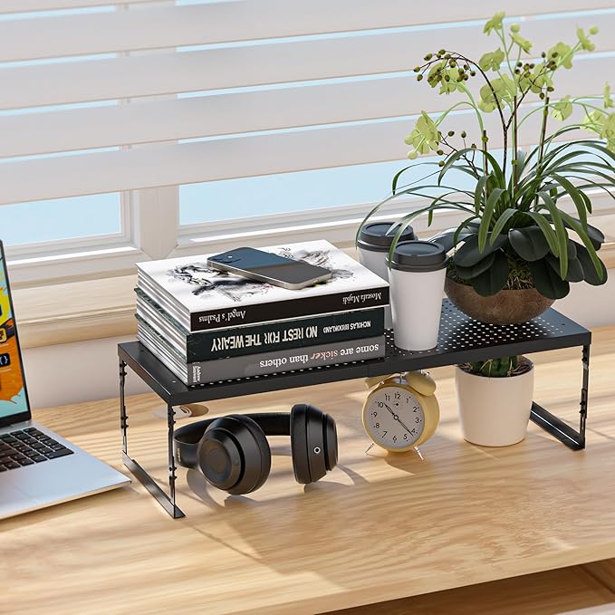 Adjustable Stackable Metal Storage Shelf Organizer - Expandable Wire Rack with Perforations for Kitchen, Pantry, Bathroom, Cabinet & Office-Compact, Durable & Sturdy (2PACKS/Medium/Black)