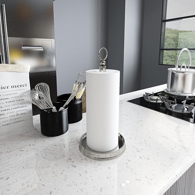 Paper Towel Holder With Heavy Weighted Base - Steel Countertop Stand for Kitchen, Bars & Dining Tables - Fits Standard & Jumbo Rolls - Brushed Nickel
