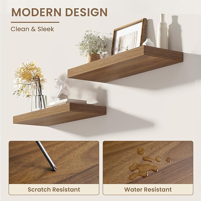Dreamland 24 Inches Floating Shelves for Wall, 8" Deep Long Floating Shelves Set of 2, Large Display & Storage Shelf, Wall Shelf for Bathroom Bedroom Living Room Kitchen Office, Walnut