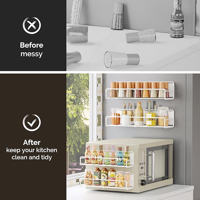 Mystozer 4 Pack Magnetic Spice Rack Organizer, Space Saver for Refrigerator and Microwave Oven, Metal Fridge Shelf, White