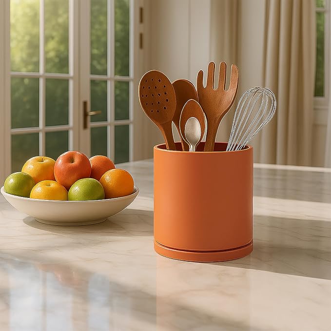 D'vine Dev 360° Rotating Utensil Holder – 5" Kitchen Utensil Crock for Countertop, Modern Cooking Tool Organizer for Kitchen Storage & Décor, Set of 2, Pumpkin, 72-Y-E-1