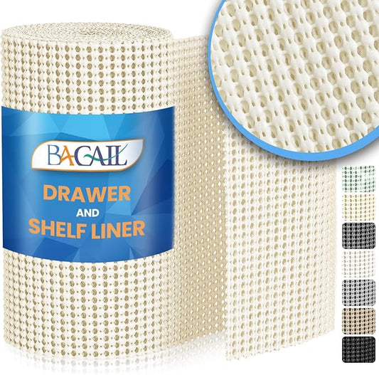 BAGAIL Drawer and Shelf Liner, 12 in X 10 Ft Non-Adhesive Shelf Liners for Kitchen Cabinets, Thick Strong Grip Liners for Desk, Shelves, Bathroom Drawers, Cabinet Protection - Cream