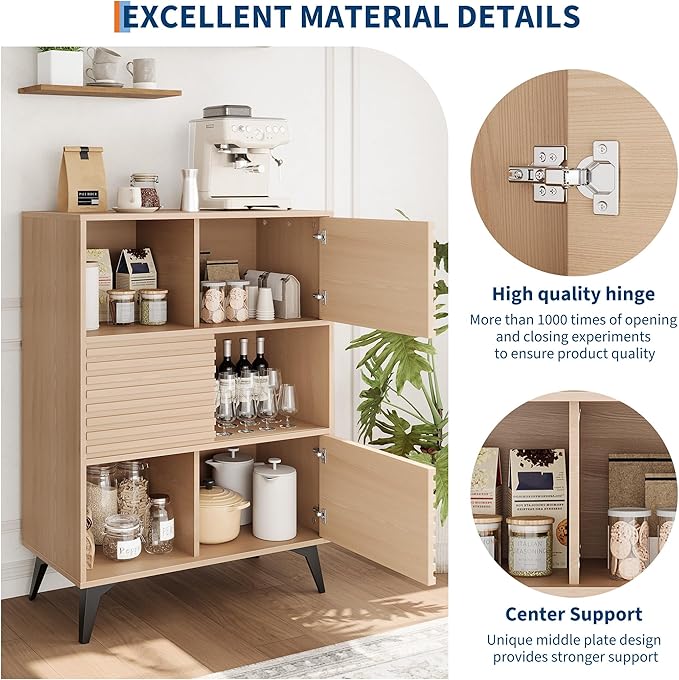 IDEALHOUSE Fluted Cabinet with Sliding Doors, Modern Wooden Storage Cabinet with Metal Base, 31 Inch Sideboard Cabinet with Storage for Dining Room,Living Room, Entryway