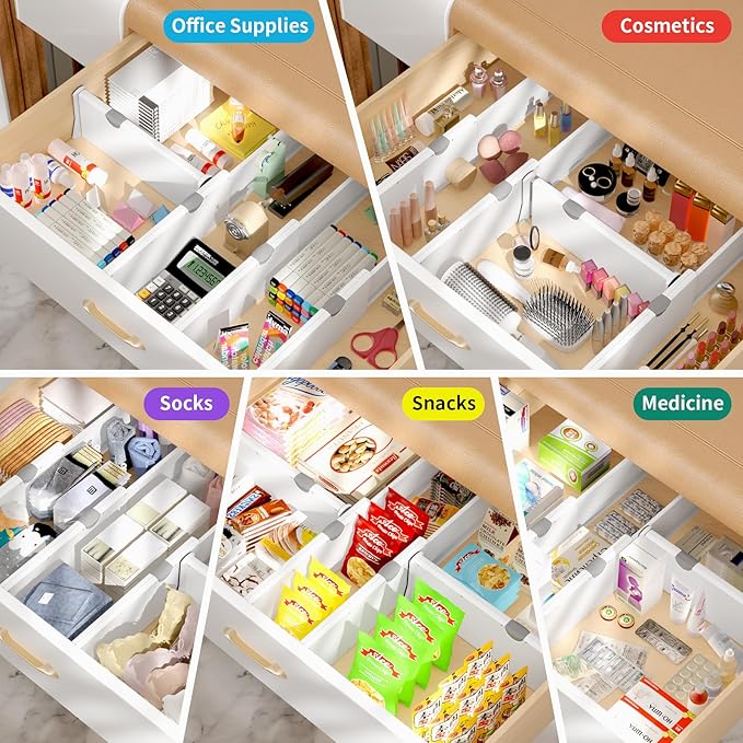 Drawer Dividers Organizer, Adjustable Separators 4" High Expandable from 11-17" for Bedroom, Bathroom, Closet, Clothing, Office, Kitchen (White, 4 PACK)