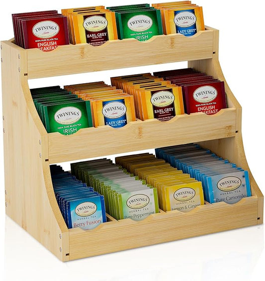 Bamboo Tea Bag Organizer, 3-Tier Tea Bag Holder Stores Over 240 Tea Bags, Tea Station for Coffee Capsules, Creamer, Sweetener, Sugar - Removable Divider (Self-assembly)