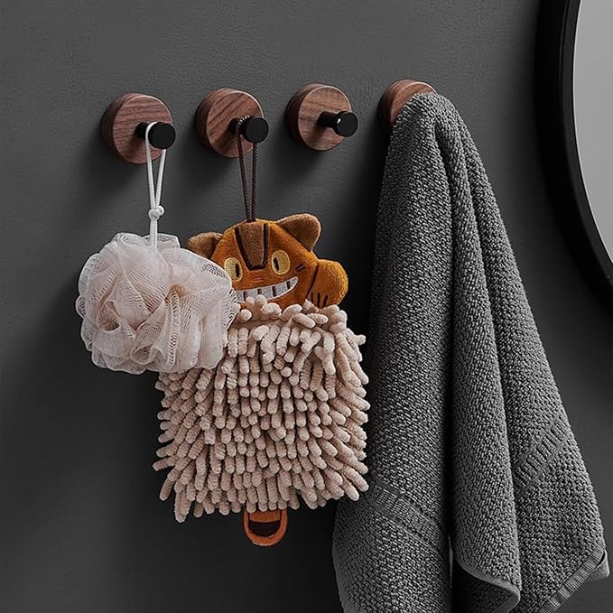 Stacknovo No-Drill Wall Hooks (3-Pack) - Dark Walnut Decorative Adhesive Hooks for Towels, Hats & Robes, Strong Damage-Free Hanging in Bathroom, Kitchen, Bedroom (3, Black)