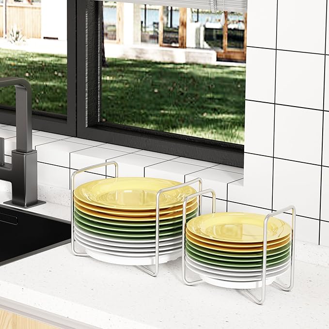 Plate Holder for Kitchen Drawer - Bamboo Dish Racks for Kitchen Counter, Stainless Steel Plate and Bowl Organizer for Cabinet, RV, Countertop (White-2S)