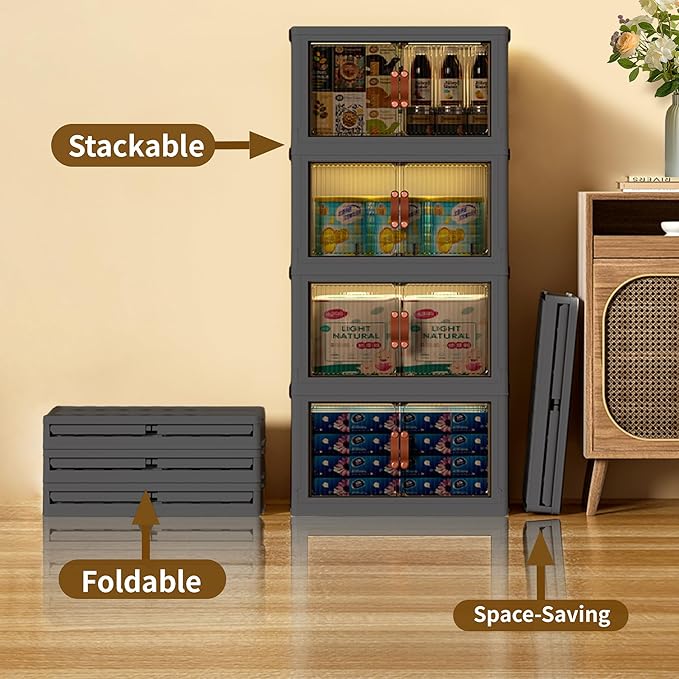 ONAIL Stackable Storage Bins with Lids and Wheels - Plastic Collapsible Closet Organizer and Storage Box with Drawers & Clear Door Foldable Cabinet Storage for Clothes, Dorm, Bedroom
