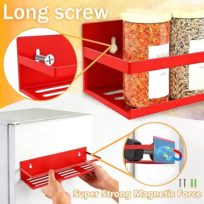 SMRCAD Magnetic Spice Rack for Refrigerator Seasoning Organizer for Spice Fridge Shelf storage Magnetic Shelf with Hook for Oven (4pack-Cut out-Red)