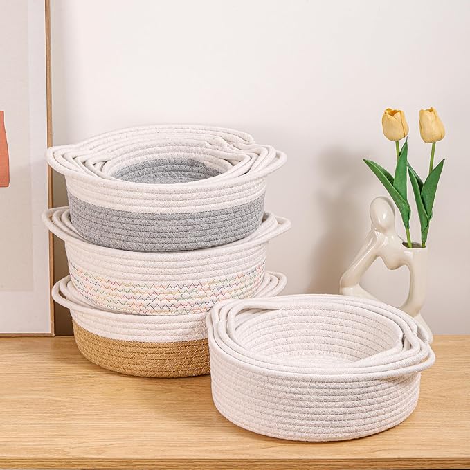 Small Storage Woven Baskets Shelves Natural Cotton Rope Bins with Handle Toilet Tank Paper for Countertop Cute Gifts Organizing Mini Nursery 5 Set box (White & Gray)