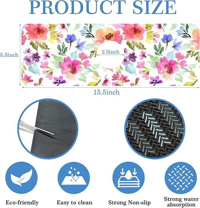 Watercolor Floral Faucet Mat Splash Guard Purple Pink Meadow Flower, Soft Diatom Mud Material, Strong Water Absorption, Non-slip,Easy to Clean for Bathroom, Kitchen 15"X5.5"