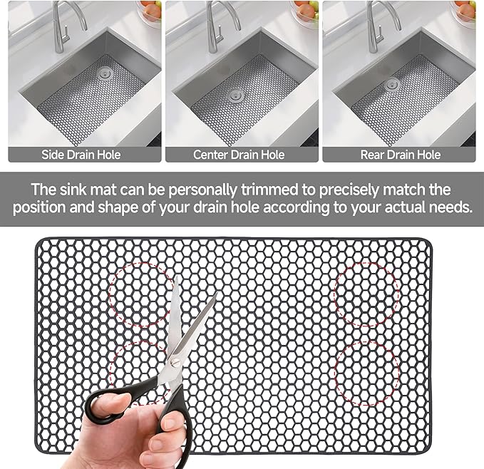 Myirxcv Sink Protectors for Kitchen Sink - 28.62" x 15.98" Silicone Mat - Can DIY Drain Holes - Non-slip Heat Resistant Liner for Bottom of Farmhouse Porcelain Stainless Steel（Grey）
