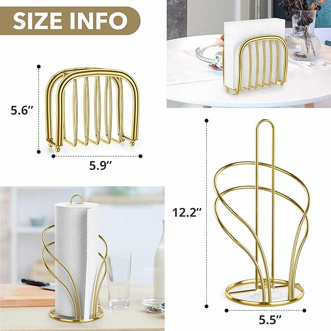Paper Towel Holder Countertop, Stainless Steel Paper Towel Roll Holder and Paper Napkinholder Set, Standing Paper Towel Roll Holder Stand with Weighted Base Suction Cups (Gold)