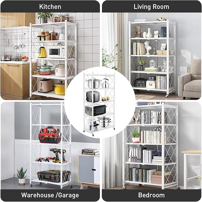 Foldable Storage Shelves with Wheels, Folding Shelving Units Storage, Heavy Duty Metal Collapsible Shelf No Assembly, Large Capacity Pop-Up Organizer for Garage,Kitchen,Living Room, 5-Tier White