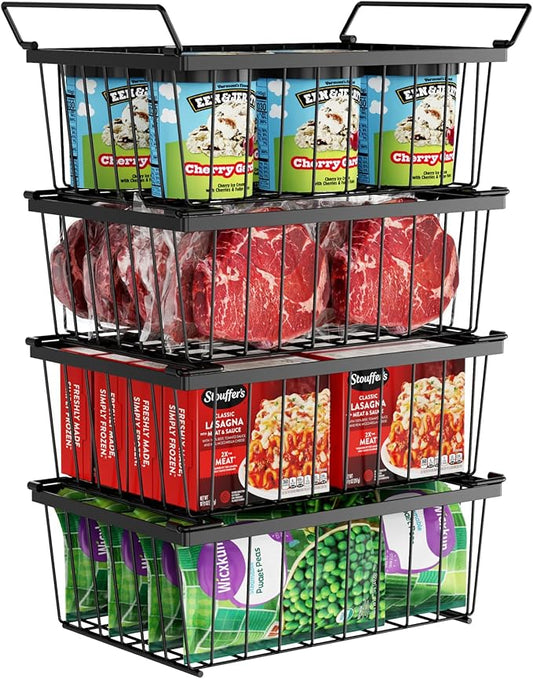 iSPECLE Freezer Organizer Bins - 4 Pack Stackable Deep Freezer Organizer Bins for 5 Cu.Ft Chest Freezer Sort Frozen Food, Heavy Duty Metal Storage Bins with Handles, Easy Access without Digging